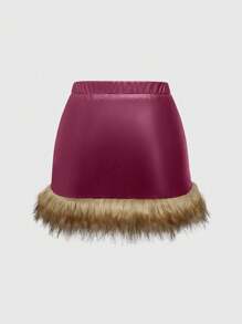 ROMWE Hippie Rok Mini Modis Wanita dengan Motif Patchwork Kulit PU, Bulu Halus, dan Pinggang Elastis - Burgundy - View 2