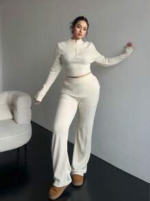 Flirla Ocazional și sexy cu talie înaltă cu fermoar Decor trunchiat pulover cu mânecă lungă pentru femei Set de comanda, modă pentru toamnă/iarnă - Bej - Vizualizare 7