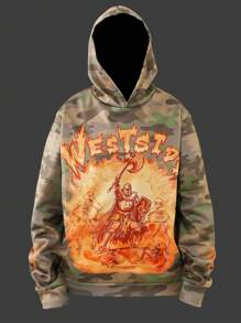 Manfinity EMRG Young Men's Streetwear INS Camouflage Oversized Flame Knight Positioning Burnout Hooded Sweatshirt ,Fall And Winter Men Clothes ,Camo Hoodie ,Orange Pattern - Multicolor - View 2