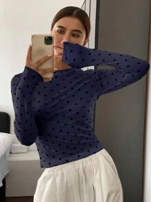 DAZY 波尔卡圆点修身圆领长袖休闲女式上衣，秋季服装学院风上衣 - 藏蓝色 - 查看 2