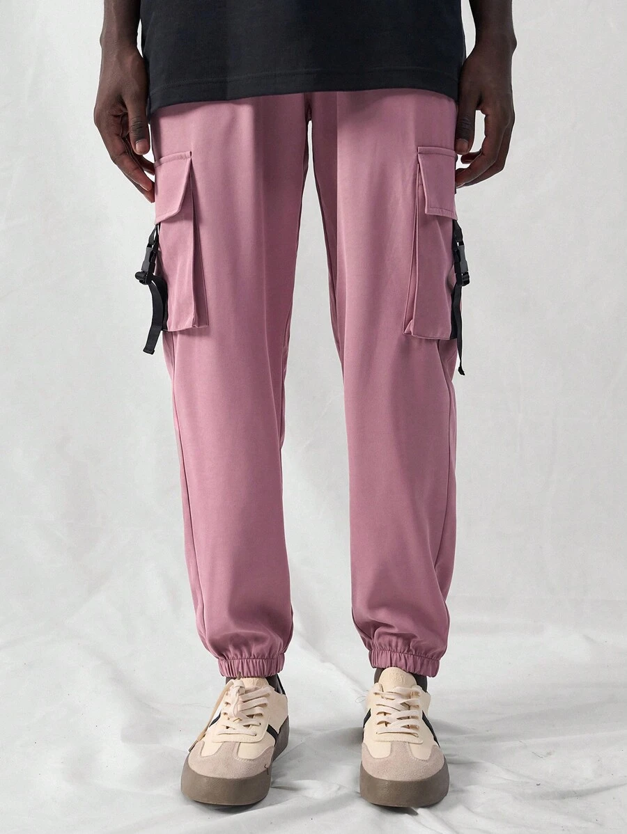 Manfinity VCAY 男士梭织休闲宽松松紧腰卷边裤，时尚日常穿着 - 粉色 - 查看 1