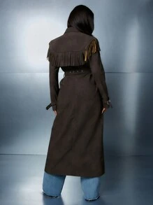SUMWON WOMEN Suede Fringe Western Trench Coat Fall Winter Designer Statement Outerwear Buckle Details Long Coat - Black - View 2