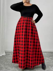 SHEIN Frenchy Plus Size Casual Patchwork Plaid Round Neck Long Sleeve Dress For Autumn