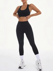 Easithlete Women's Plain Camisole And Footless Leggings Seamless Sports Set Gym Set Workout Women Set Women Leggings Set - Black - View 3