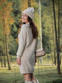 LanaWest Váy len dệt kim tối giản màu trơn, thường ngày cho mùa thu/đông - Màu be - Xem 2