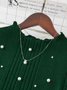 SHEIN LUNE Plus Size Women's Autumn/Winter Faux Pearl Decorated Stand Collar Long Sleeve Elegant Green Holiday Party Dress, For Christmas New Year Winter Clothes For Women New Years Women Outfit