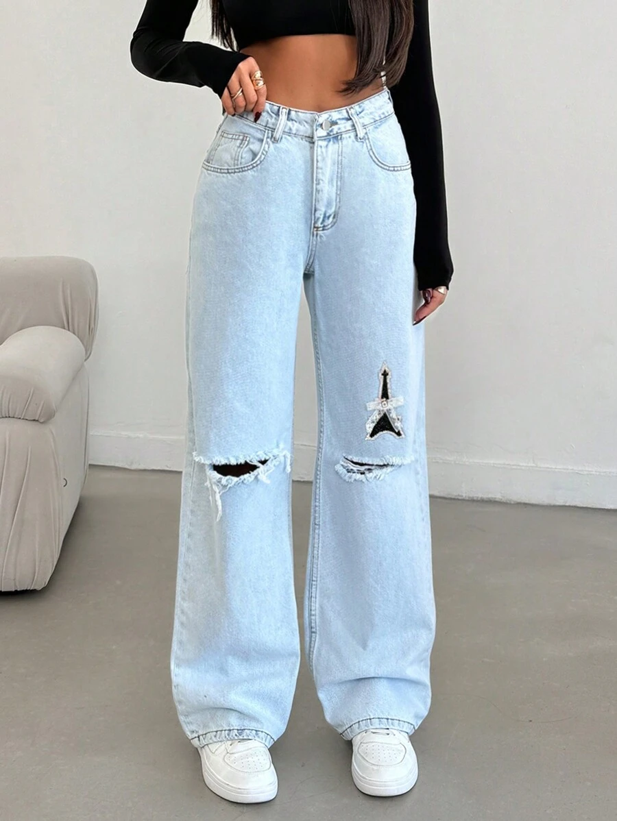 SHEIN Cottnline HIGH WAIST LIGHT BLUE WASH RIPPED BAGGY STRAIGHT JEANS - Medium Wash - View 1