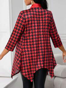 SHEIN Lady Red And Black Houndstooth Print Cardigan,Women's Elegant Office Coat With Metal Buckle & Mid-Length Sleeves,Asymmetrical Hem Autumn Winter Outfits - Red - View 2