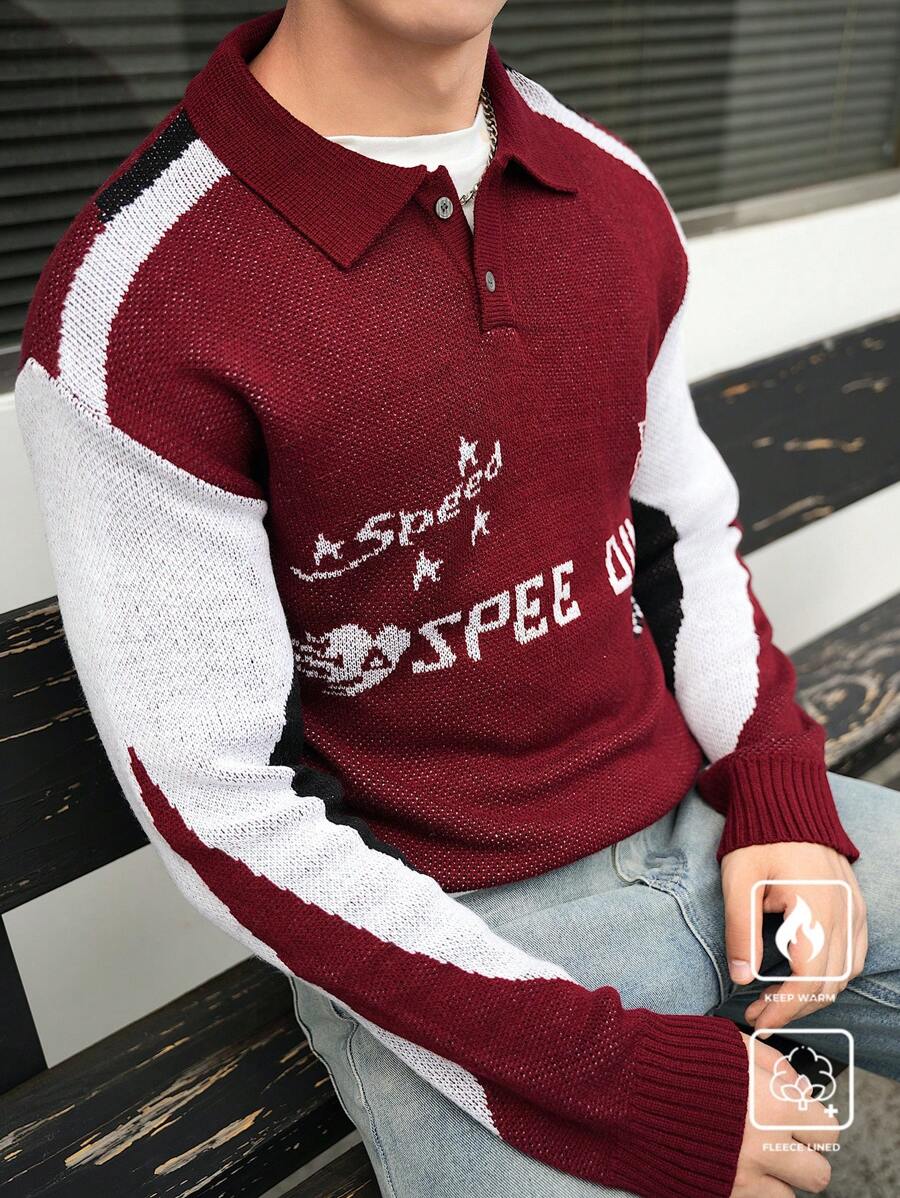 Manfinity Homme Jersey de punto con bloque de color y diseño de letras casual para hombre, otoño/invierno - Multicolor - Ver 1