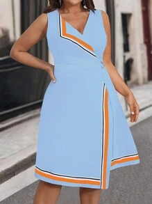 SHEIN Clasi Plus Size Elegant Colorblock Striped Asymmetrical Wrap Dress - Dusty Blue - View 4