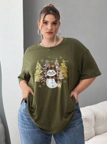 SHEIN CURVE+ Plus Size Christmas T-Shirt With Christmas Tree And Snowman Print, For Autumn/Winter