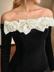 MOTF Soiréza VELVET CONTRAST STEREO FLOWER BOW DETAIL OFF SHOULDER SLIM FIT PARTY TOP - Black and White - View 3