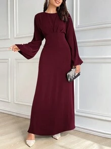 Modelyn Women's Solid Color Round Neck Lantern Sleeve Elegant Dress Long Evening Dresses - Burgundy - View 3
