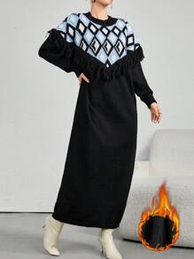 Mulvari Women's Rhombus Pattern Round Neck Tassel Elegant Long Sleeve Sweater Dress