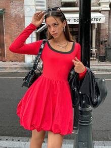 SHEIN Unity 女士休闲撞色方领长袖镂空后背 U 形设计紧身迷你连衣裙，春夏秋季 - 紅色 - 查看 5
