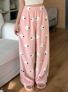 DAZY 可爱动物图案加厚法兰绒宽松蓬松裤，秋冬皆宜，舒适保暖 - 粉色 - 查看 9