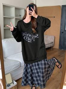 DAZY Piżama z grafiką w kratę i patchworkiem, luźna, na jesień i zimę - Czarne - Zobacz 4