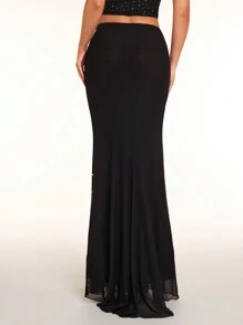 Zolique 女士黑色高腰修身四季优雅美人鱼裙，热钻华丽闪光裙摆裙 - 黑色 - 查看 2