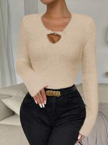 Chiquease 1件女士纯色钥匙孔领长袖修身毛衣，秋冬季针织套头衫 - 杏色 - 查看 4