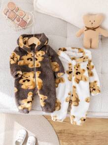 SHEIN Set de 2 piezas de Pelele con capucha estampado de osito de peluche suave y lindo para bebé recién nacido niño/niña, adecuado para uso en interiores y exteriores en otoño e invierno