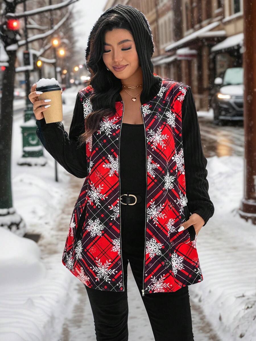 Plus Size Women's Plaid & Snowflake Print Casual Loose Hooded Long Sleeve Jacket, Autumn Fall Cloth For Women - Red - View 1