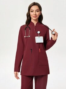 TaskEZ 2pcs Women Uniform Scrub Set, Including Long Sleeve Top And Pants, Wrinkle-Resistant, For Healthcare Workers - Burgundy - View 5