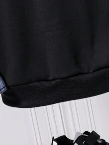 SHEIN 2 件 Tween Boy 休闲时尚牛仔拼布连帽衫和工装裤套装，适合秋冬季日常穿着 - 彩色 - 查看 4
