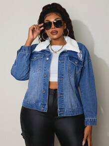 SHEIN SXY Plus Size Women Non-Stretch Denim Jacket With Sherpa Collar, Loose Fit Distressed Blue Denim Jacket For Autumn And Winter Christmas Thanksgiving - Medium Wash - View 1