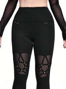 ROMWE Goth Style Pentagram Rivet Mesh Insert Women Stretchy Leggings - Black - View 2