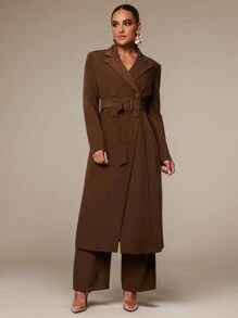 Silquee Women's Autumn Elegant Dark Brown Office Coat,High-End Long British Twill Career Commuting Mobwife Chocolate Belt Waist Anti-Wrinkle Winter - Coffee Brown - View 2