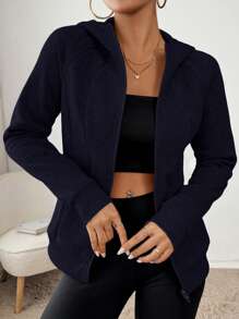 SHEIN Essnce Women's Casual Fashion Slim Fit Regular Hooded Long Sleeve Coat Zip Up Women Hoodie Essentials Hoodie Women Tracksuit Workout Jacket Fall Women Clothes - Navy Blue - View 3