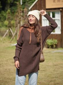LanaWest Women Hooded Contrast Color Split Hem Casual Pullover Sweater, Long Sleeve