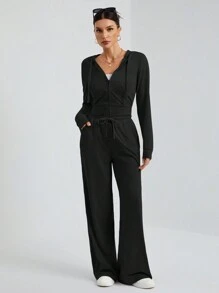 SHEIN Tall 休闲街头灰色连帽中前拉链紧身上衣+阔腿裤两件套 - 黑色 - 查看 7