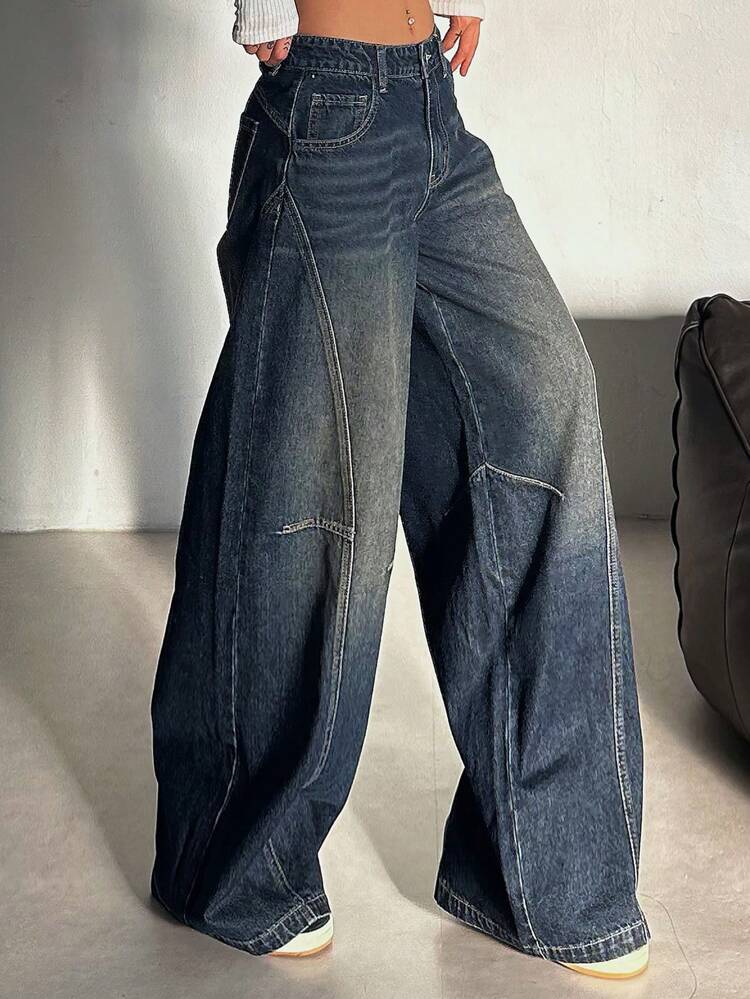 Women Casual Washed Vintage Wide Leg Baggy Jeans