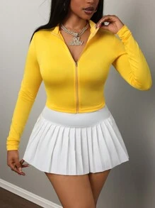 Slaydiva Minimalist Casual Basic Autumn/Winter Mock Neck Zip Up Long Sleeve Tight Fit Jacket Top For Women - Yellow - View 6