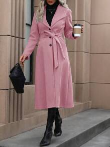 SHEIN Clasi Women's Solid Color Belted Long Sleeve Lapel Overcoat