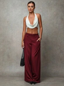 SHEIN BAE Pantalones anchos de cintura baja sueltos con bolsillo, parche de encaje retro, doble cinturilla, aptos para el invierno/otoño, de uso casual/moda al aire libre/versátil casual para mujer, en color negro liso
