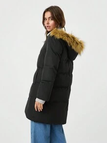 SHEIN EZwear Áo khoác đệm có mũ trùm đầu có khóa kéo viền lông - màu đen - Xem 3