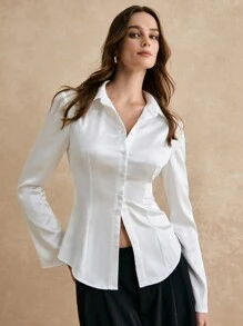 Poéselle 白色缎面长袖衬衫，优雅工作衬衫，女士纽扣衬衫