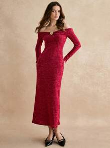 Poéselle Bourgondische lange jurk met één schouder en driedimensionale rozendecoratie, geschikt voor elegante feesten, 24AW winter
