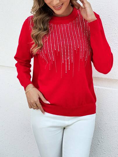 EMERY ROSE Red Sweater Rhinestone-Embellished Long-Sleeve Round Neck Pullover Sweater