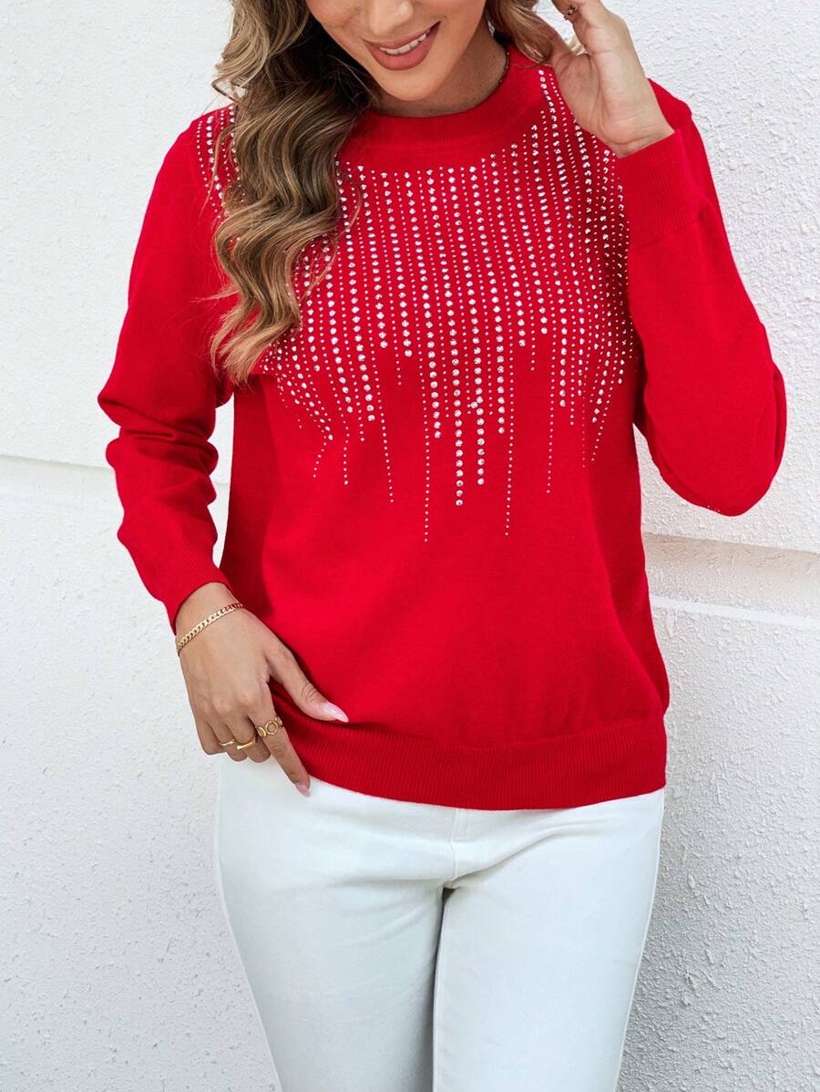 EMERY ROSE Red Sweater Rhinestone-Embellished Long-Sleeve Round Neck Pullover Sweater - Red - View 1