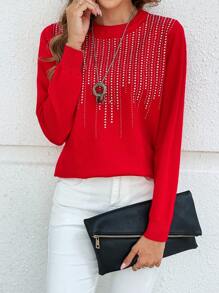 EMERY ROSE Red Sweater Rhinestone-Embellished Long-Sleeve Round Neck Pullover Sweater - Red - View 3
