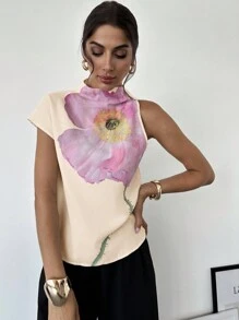 Firerie 1pc Women's Shoulder Strap Printed Elegant Vacation Blouse - Apricot - View 5