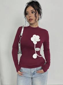 Firerie Women's Autumn Elegant Vintage Floral Print Tight Fit Long Sleeve T-Shirt, Suitable For Work And Holiday
