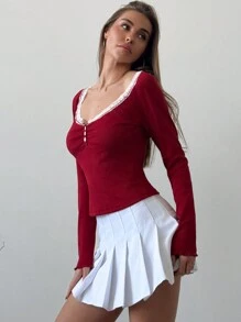 Aloruh Red Christmas Deep V-Neck Lace Patchwork Bodycon Ribbed Long Sleeve T-Shirt For Women - Red - View 3