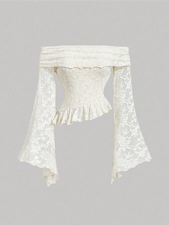 SHEIN X ELOISA & ORSON SHEIN MOD Apricot Lace Off Shoulder Ruffle Hem Bell Sleeve Women Top,Vintage, Women Outfit,Party Women Top,New Year Top