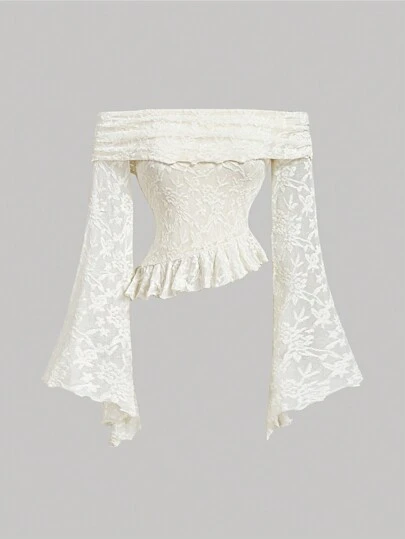 SHEIN MOD Apricot Lace Off Shoulder Ruffle Hem Bell Sleeve Women Top,Vintage, Women Outfit,Party Women Top, Top