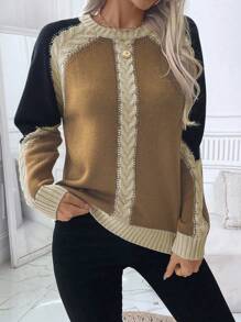 SHEIN LUNE Áo len chui đầu dệt kim màu tương phản cổ tròn thường ngày - Lạc đà - Xem 1