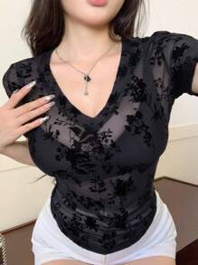 DAZY Áo thun ren cổ chữ V tay ngắn cho nữ, đơn giản, thoải mái khi mặc đi chơi hàng ngày - màu đen - Xem 8